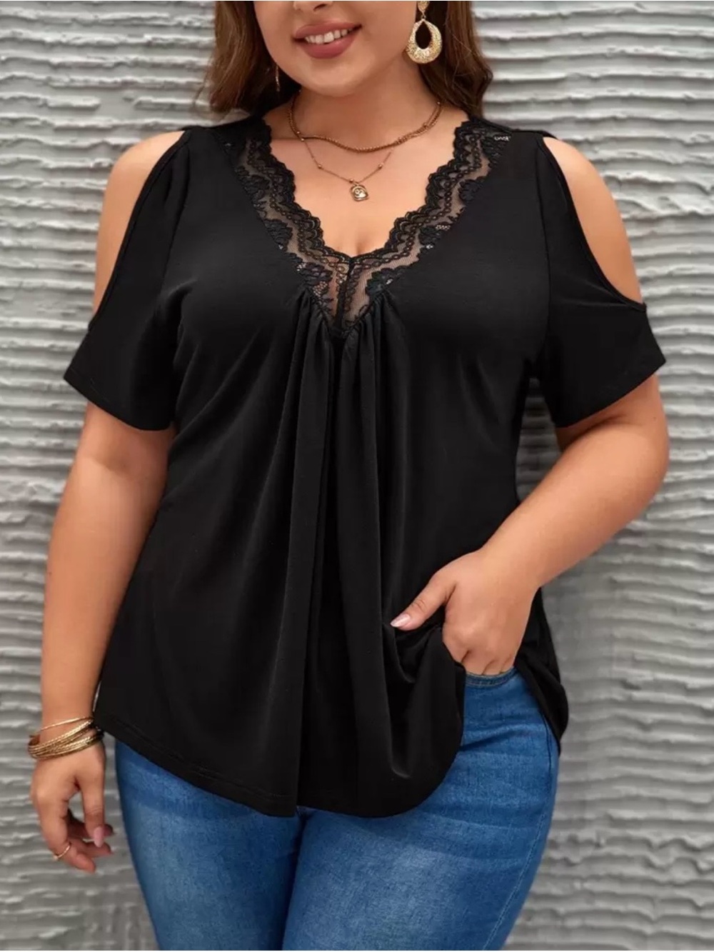 SHEIN Curve Black Lace-Trim Cold Shoulder Women's Short Sleeve Top